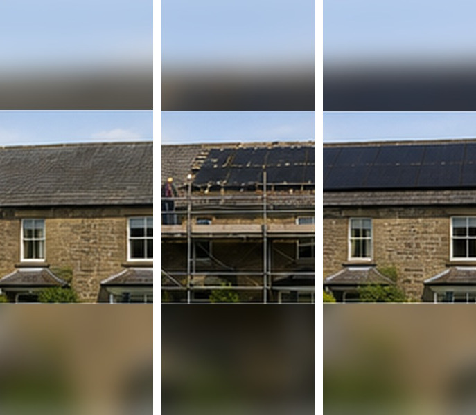 Illustrative example of a solar installation on a Sheffield home, before, during and after